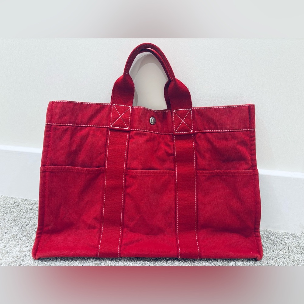 Hermes Red Canvas Tote Bag
